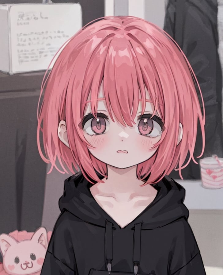 (((Black Hoodie))),(((solo))),pink eyes,sketch,(((well-groomed hair))),1girl,(((upper body))),(((cute))),masterpiece, best quality,edgGesugao,(((short hair))),(((looking at viewer))),(((love)))