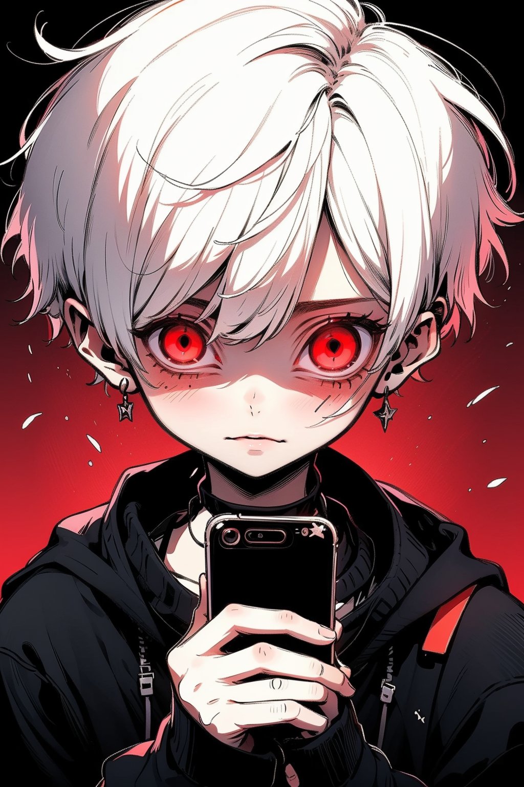 original character , 1boy , boyish short white hair ,  darkred eyes,love,anime,cute,smartphone screen