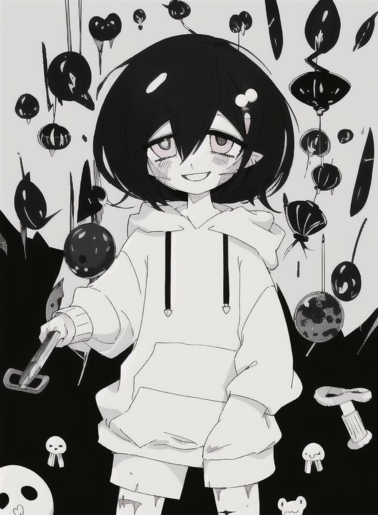 sketch,dark,black,(Plain_color),(((short-hair))),(((black_White_hair))),simple,(((hoodie))),(((solo))),(((cute))),(((drooping eyes))),black background,(((insane smile))),(((self-harm)))