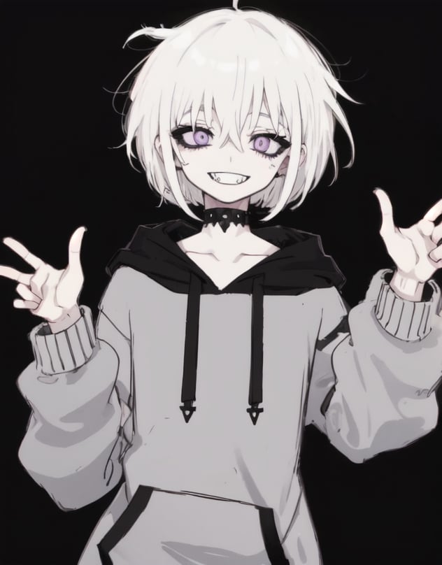 dark,black,(((madness))),(((sadist))),(((short-hair))),(((White_hair))),(((simple))),(((Black hoodie))),(((solo))),(((black background))),HimikoT,purple eyes,sketch,(((Goth))),(((insane smile)))