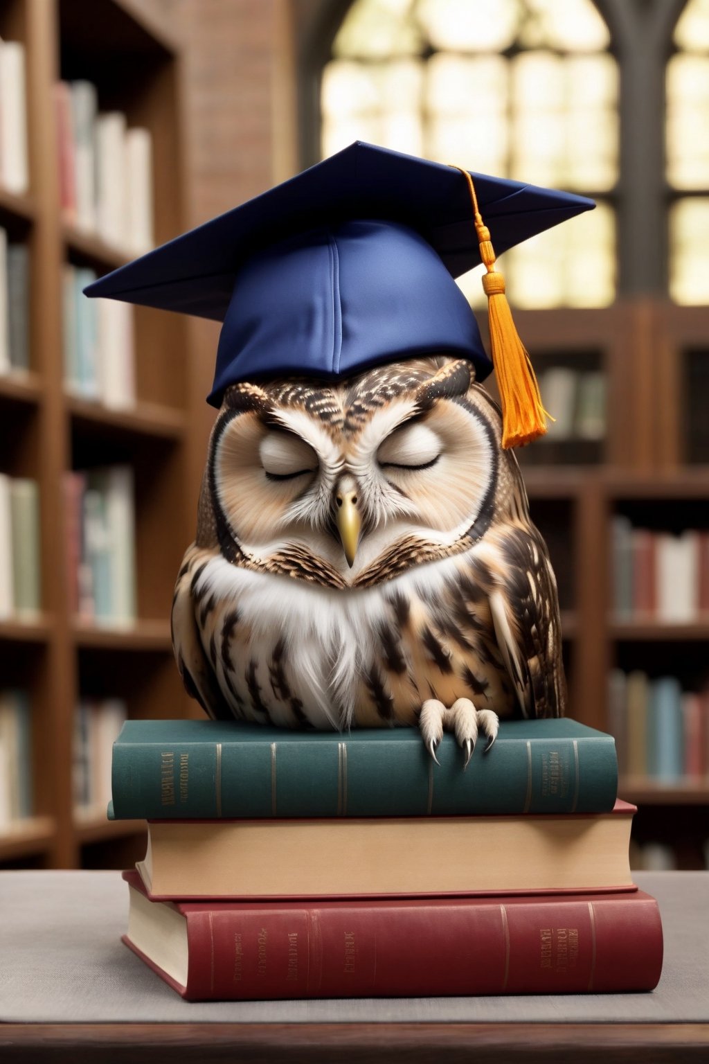 realistic sleeping owl, eyes closed, graduation hat, books of lore, detailed library