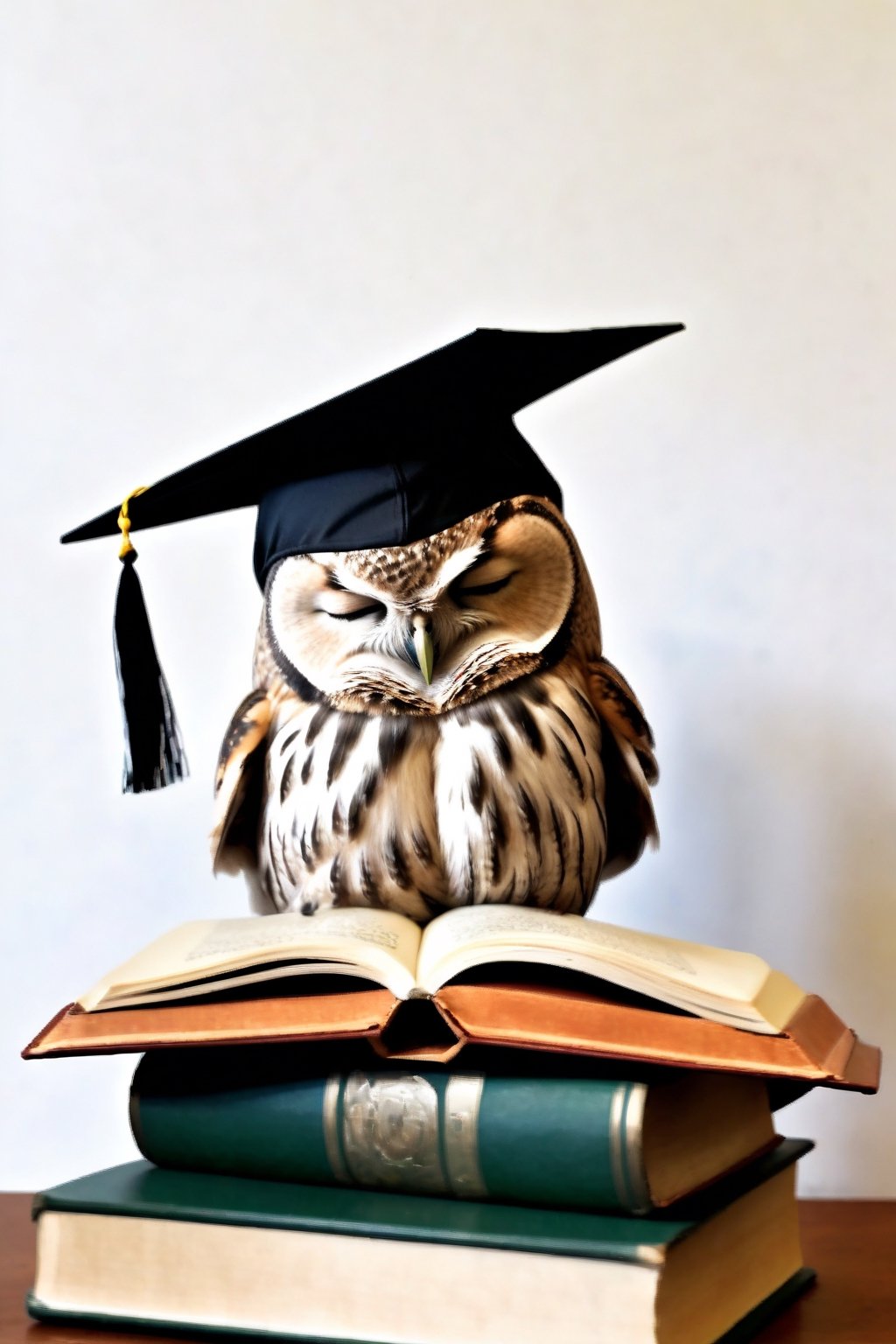 realistic owl sleeping on a book of lore, library, graduation hat