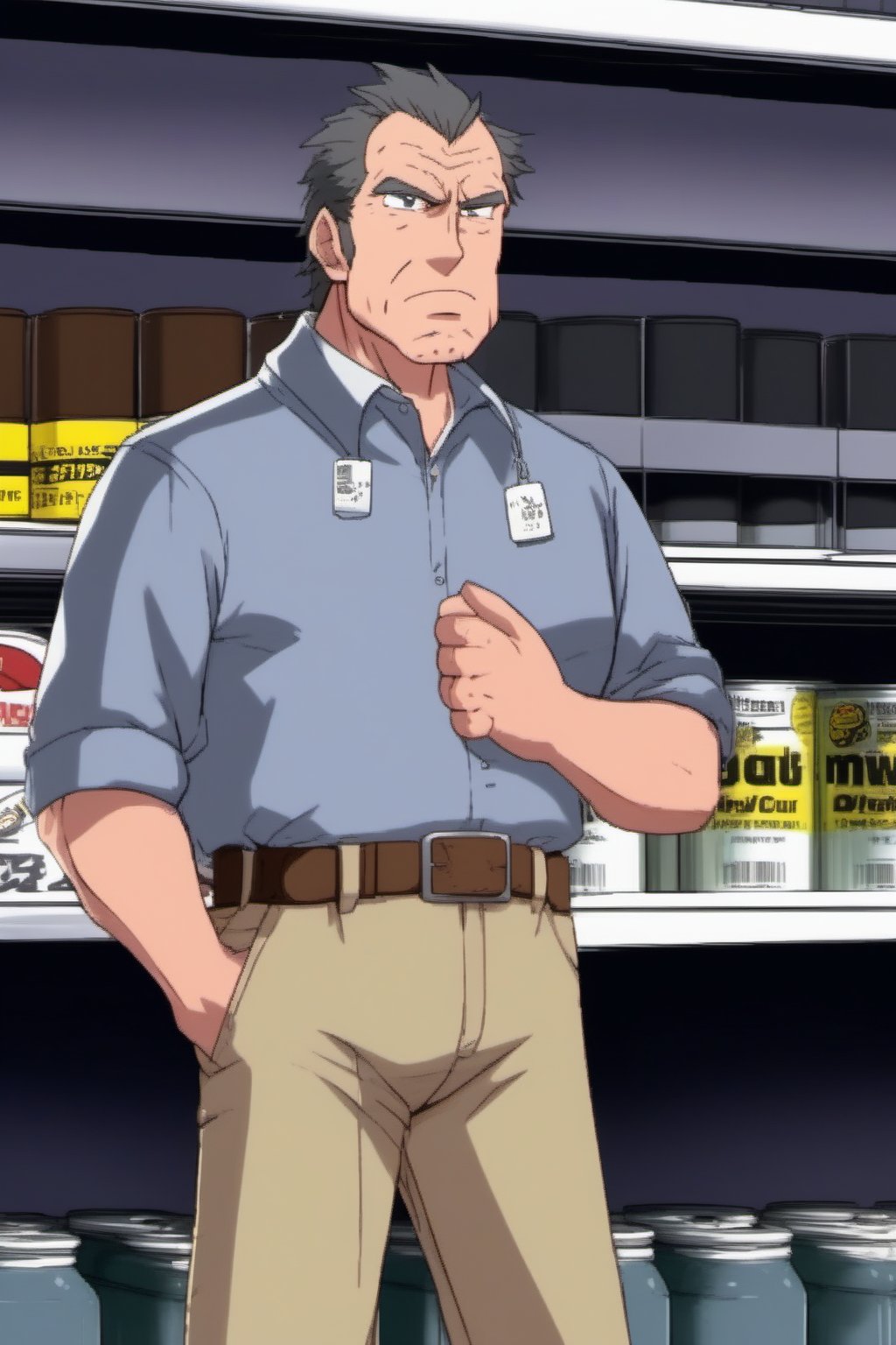 anime, average looking, middle aged man, contractor sales, hardware store