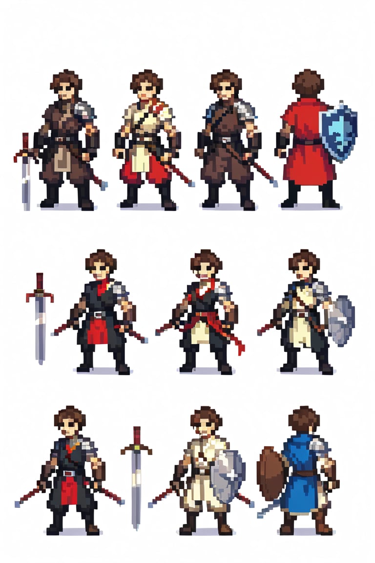  pixel art,2d,High definition, full body, sword, mercenary, shield, idle,without background,SPRITESHEET,(I need them to be usable as assets in unity, you must maintain consistency between each image),several images,8 images, maintain consistency between characters (that they are the same), I need it to be an animation (in image sequence), idle animation,Each image moves and goes down by moving the body