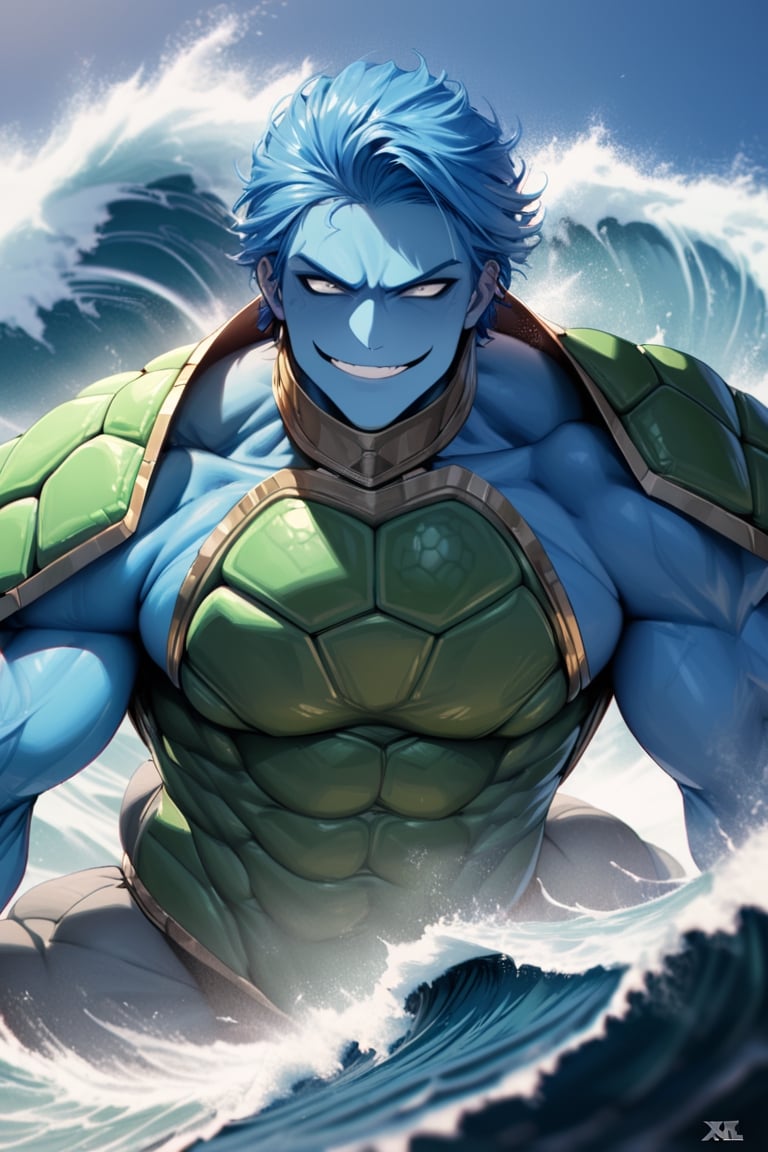 super high quality, masterpiece, very detailed, beautiful, medium, 1 man, 25 year old man, Cagnazzo (fighter clothes,turtle shell, muscular, blue hair, white eyes, evil smile, blue skin, tsunami, more details XL