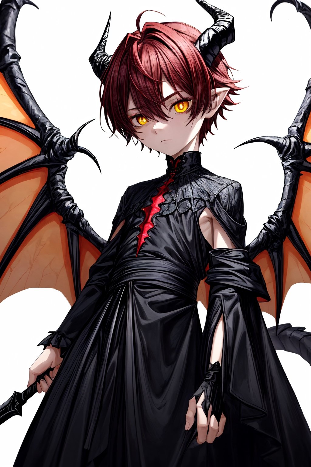 A 10-year-old boy, beautiful and delicate face, deep yellow pupils, black irises, black sclera, long silky crimson red hair, horns protruding from the top of his head, reptilian tail. It extends from the lower part of his back being noticeably long and ending in a double-edged axe. He usually wears elegant clothes that combine dark colors.