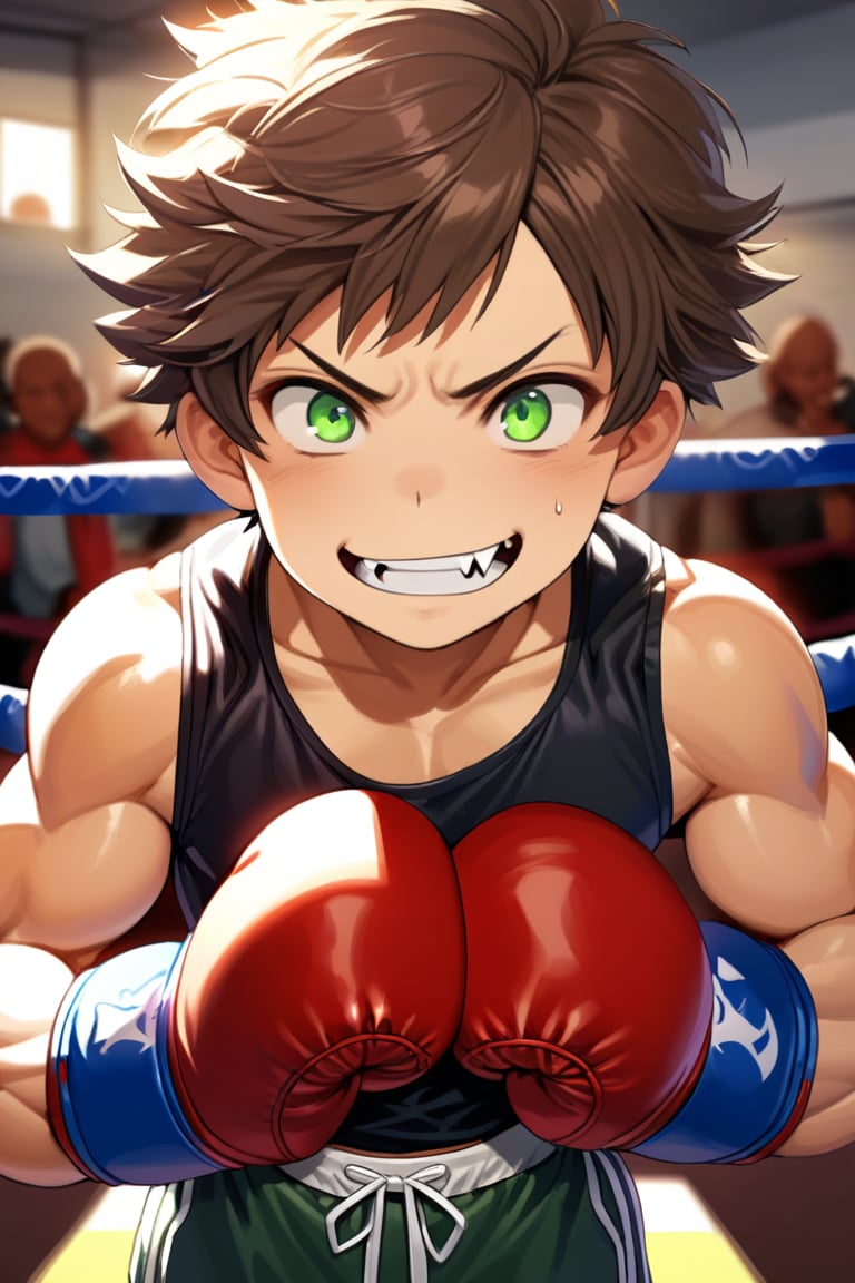 (((high quality))), masterpiece, ((((detailed)))), medium,solo, little 1boy, shota,12 year old little boy ,shota, brown hair, (short hair),green eyes,sexy,intimidating smile,muscular,a fang,boxing clothes,gloves boxing, conceited,mocking,more detail XL