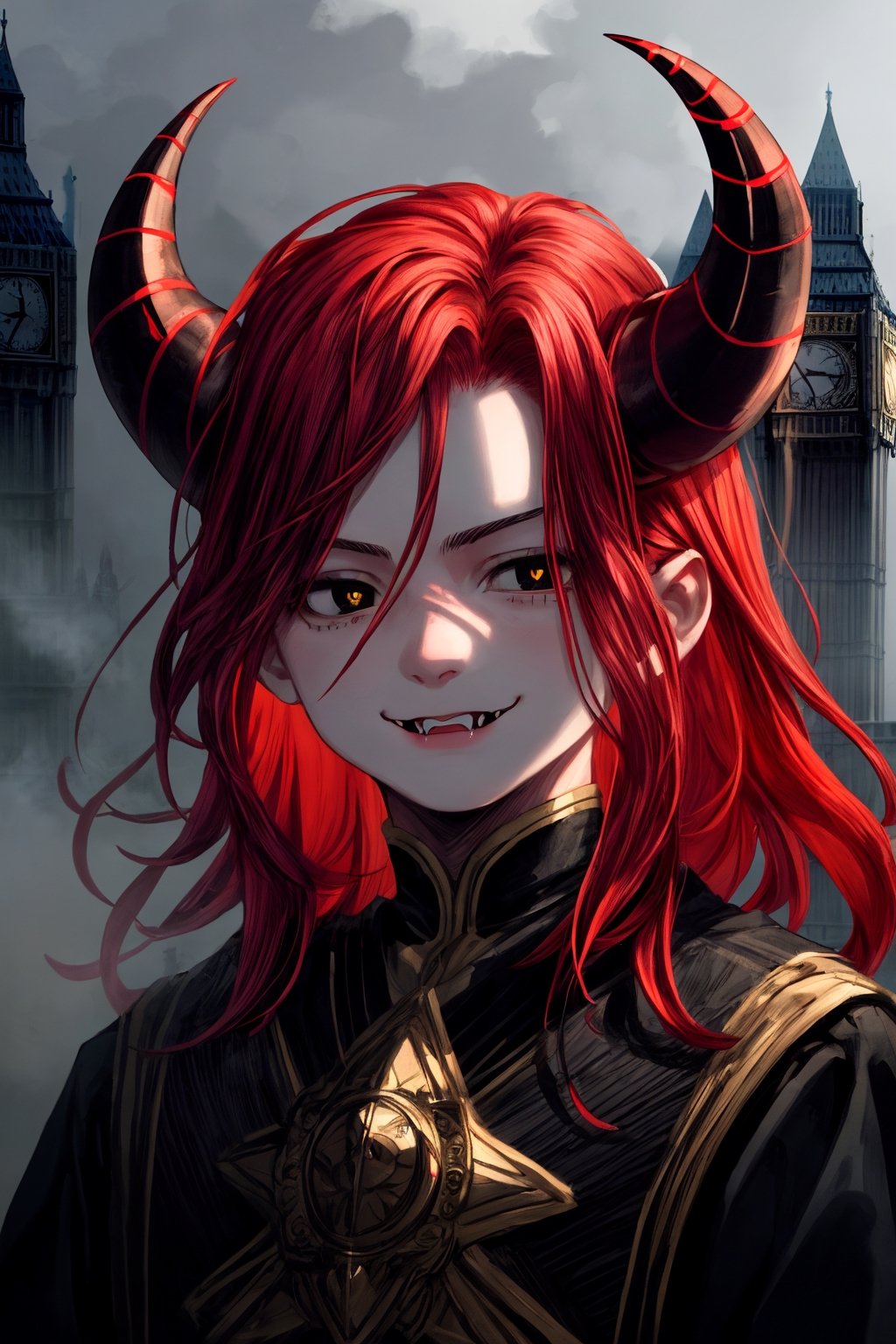 very detailed, high quality, masterpiece, medium shot, 10 year old boy, alone, intimidating (black eyes with yellow pupils, long red hair, beautiful face, horns on the head, very pale skin, elegant and divine black clothes, London in the fog Closed smile where sharp fangs protrude from the lips.