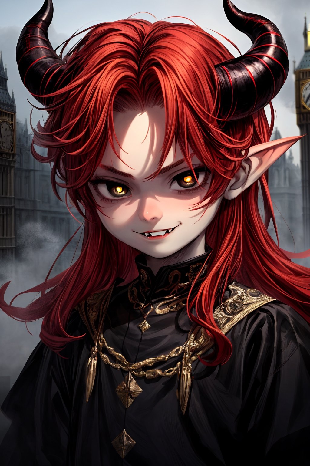 very detailed, high quality, masterpiece, medium shot, 10 year old boy, alone, intimidating (black eyes with yellow pupils, long red hair, beautiful face, horns on the head, very pale skin, elegant and divine black clothes, London in the fog Closed smile where sharp fangs protrude from the lips.