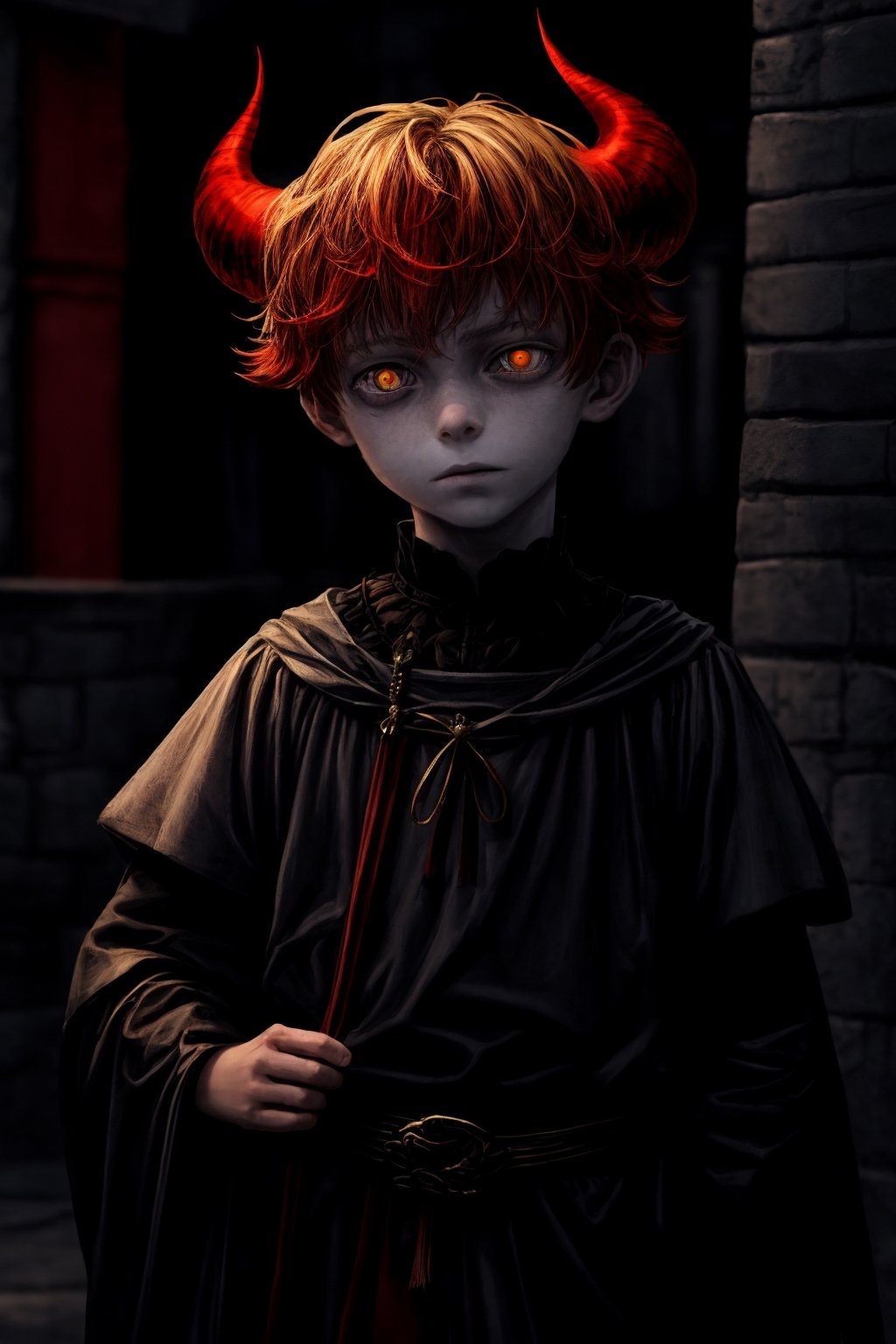 high quality, masterpiece, medium, 10 year old boy,in london (medieval villager clothes, black eyes, yellow pupils, red hair, very pale skin, 2 very small crimson red horns on the head