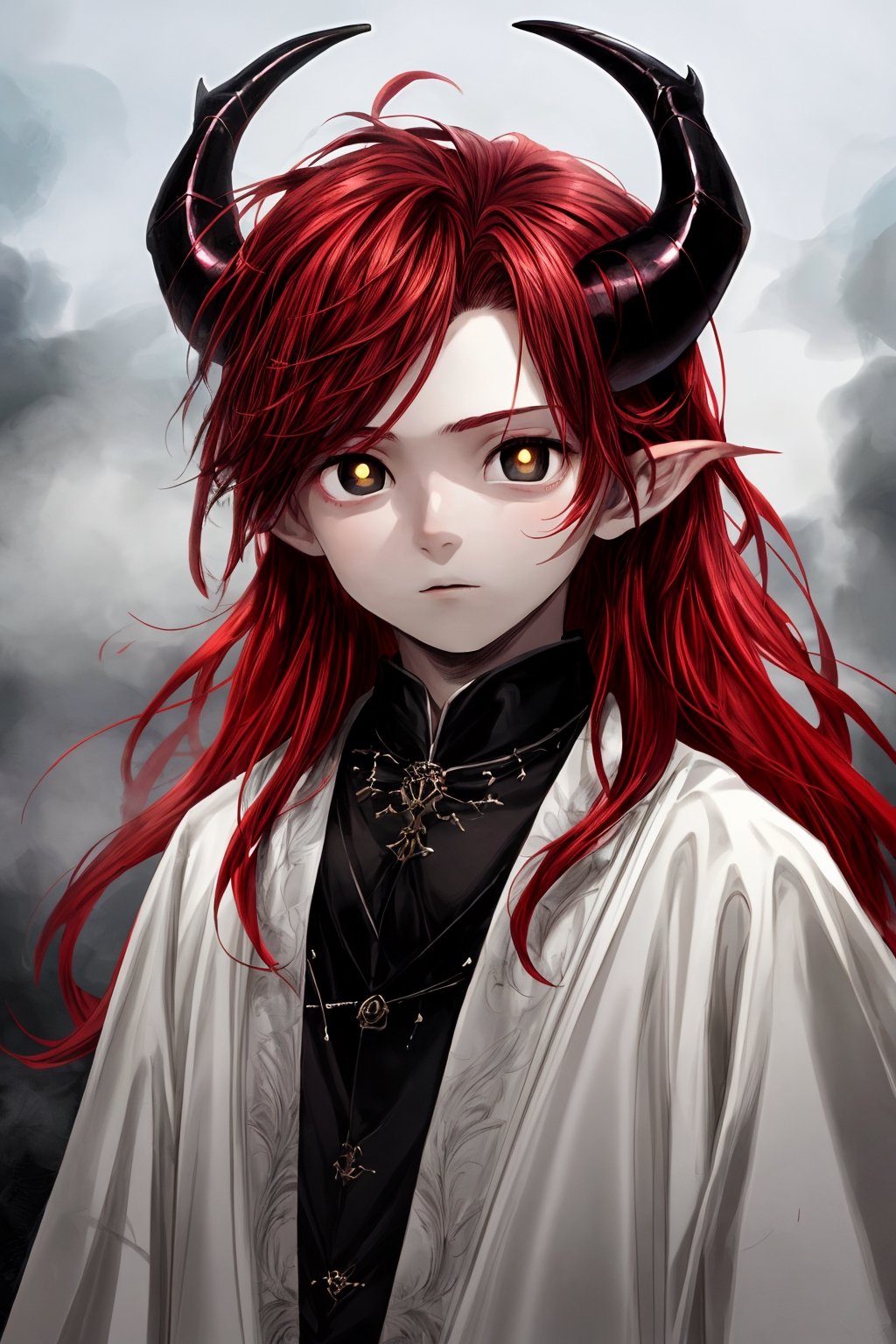 very detailed, high quality, masterpiece, medium shot, 10 year old male child, alone (black eyes with yellow pupils, long red hair, beautiful face, horns on the head, pale skin, elegant black and divine clothes, between the fog