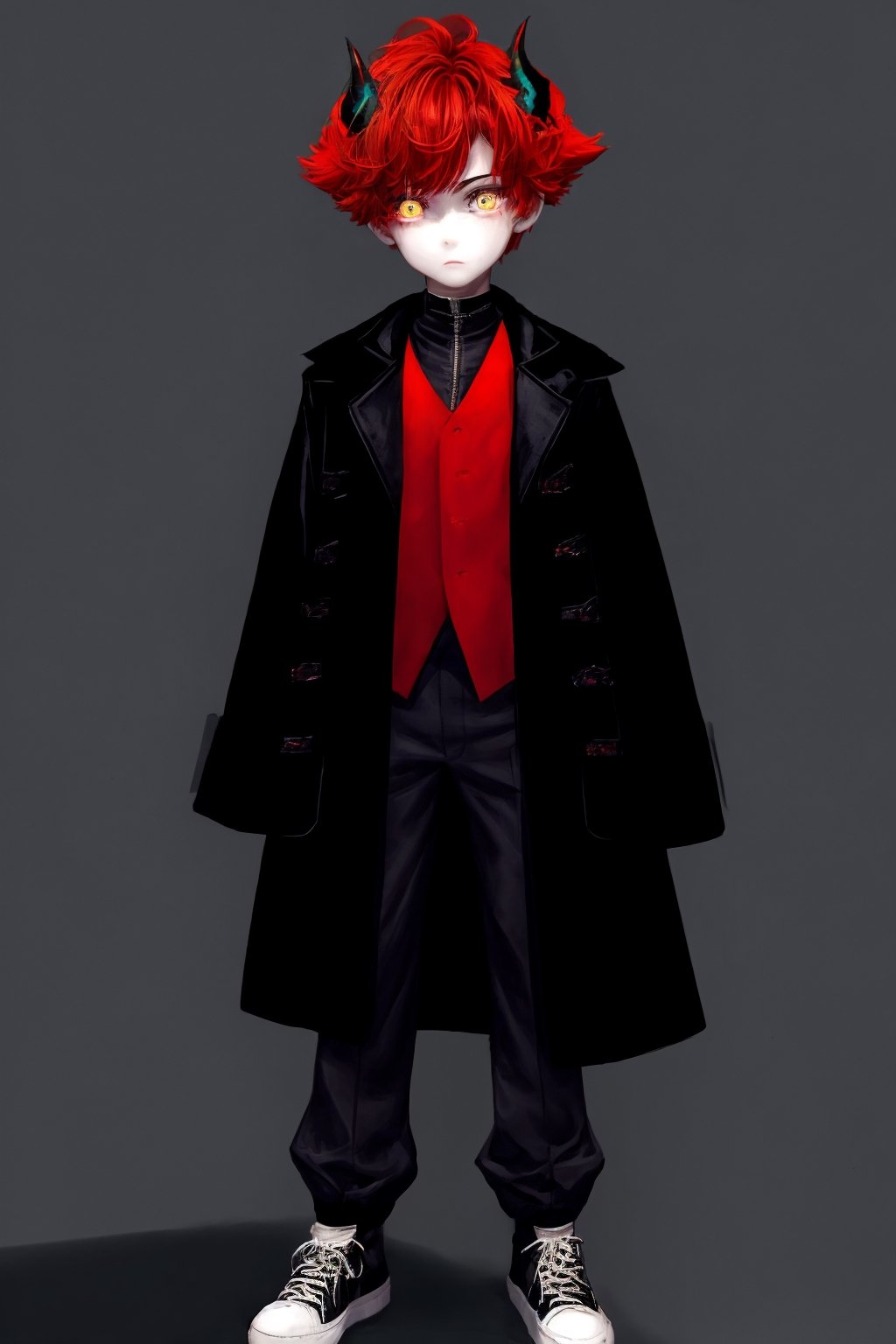 high quality, masterpiece, medium, 10 year old boy (stylish black coat, an elegant red vest, long-sleeved white t-shirt, matching pants and matching shoes, black eyes, yellow pupils, red hair, very pale skin, 2 very small crimson red horns on the head