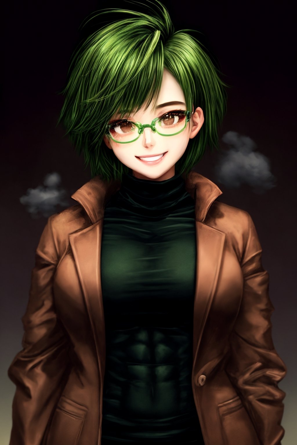 high quality, masterpiece, medium, 20 year old woman (brown jacket, brown sweater underneath, brown eyes, crazy eyes, green hair, short hair, white skin, glasses, sexy, muscular, tall, malicious smile, haze,voloptuous