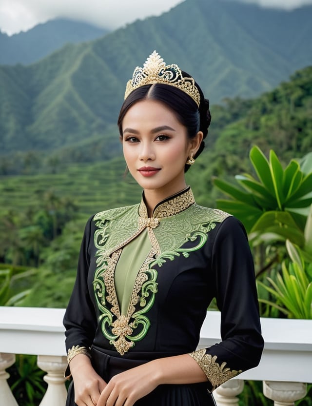 The charming princess of the Javanese Kingdom, is posing on the royal terrace with a backdrop of green mountains, wearing a black kebaya with an attractive design, taken with a Fujifilm X-T4 camera and Fujinon XF 35mm f/1.4 R lens, showing the image of the beauty and elegance of a queen, olive tanned skin, perfect body, javanese race, exotic, volumetric lighting