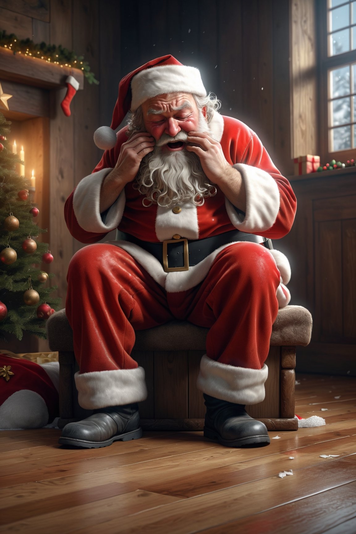 santa crying, santa is on the floor crying loud, raw, high_resolution, highly detailed, hdr, masterpiece, realistic, ultra realistic, detailed image, detailed skin