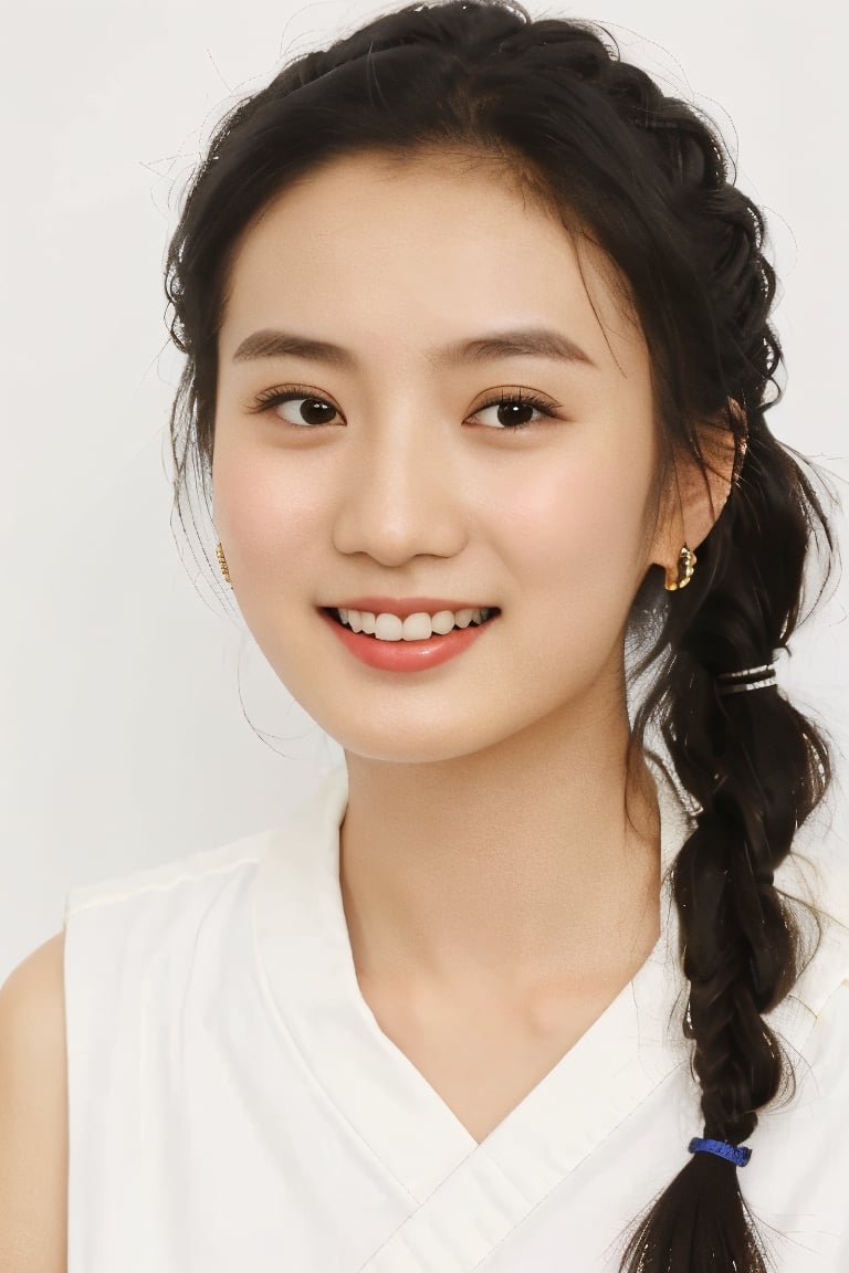 Zhangyaqin, 22 year, 1girl, wearing a Chinese dress, white background, hair in pigtails, hair tied back together,  slanted eyes,cwkcntk