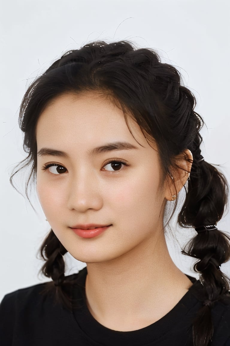 Zhangyaqin, 22 year, 1girl, white background, hair in pigtails, hair tied back together,  slanted eyes