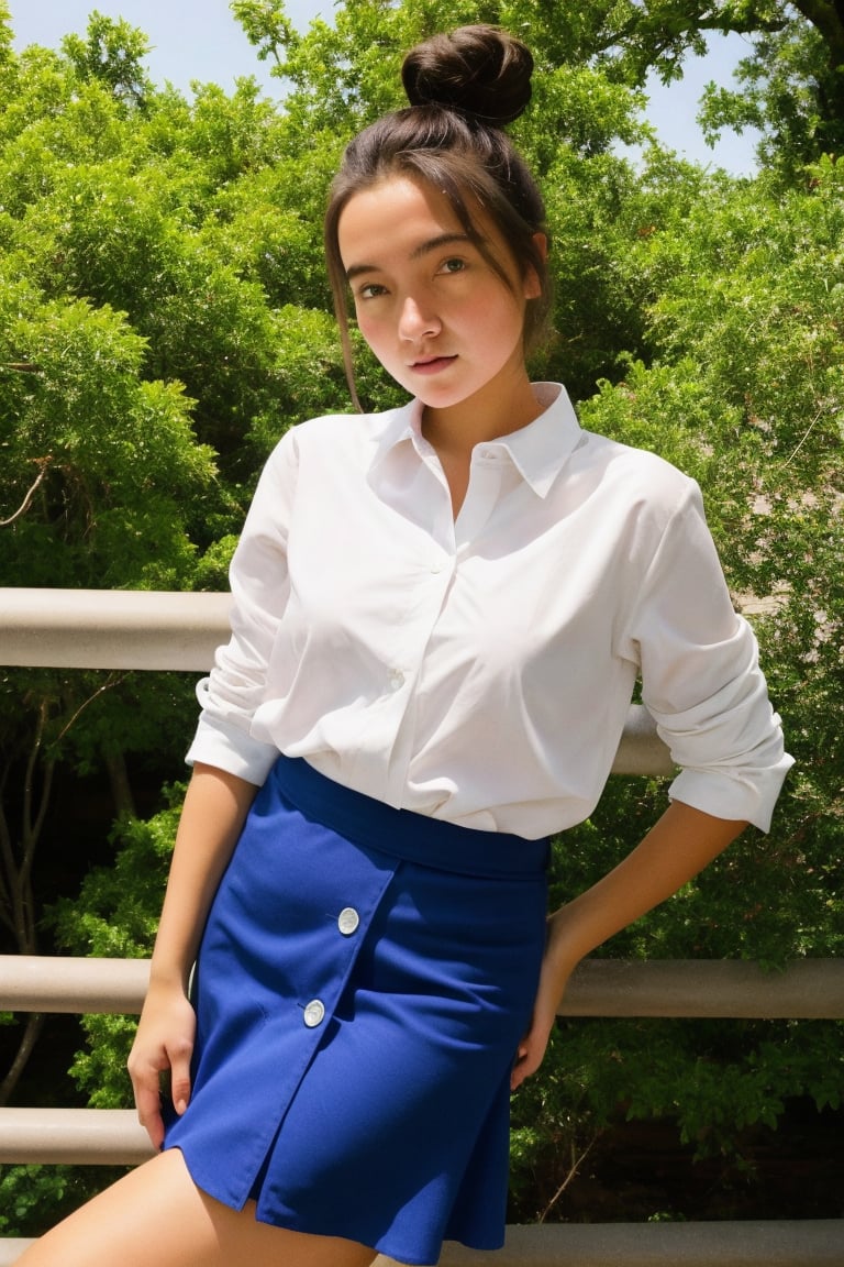 A sassy cowgirl stares directly at the viewer with a hint of mischief in her piercing gaze, her bright blue eyes sparkling like the open sky behind her. Framed from the waist up, she's showcased in a bold red skirt that accentuates her curves, paired with a crisp white shirt tied at the waist, emphasizing her confident posture. Her high ponytail adds to her feisty demeanor as she poses with a playful tension between herself and the viewer, as if daring them to challenge her.,megandomani