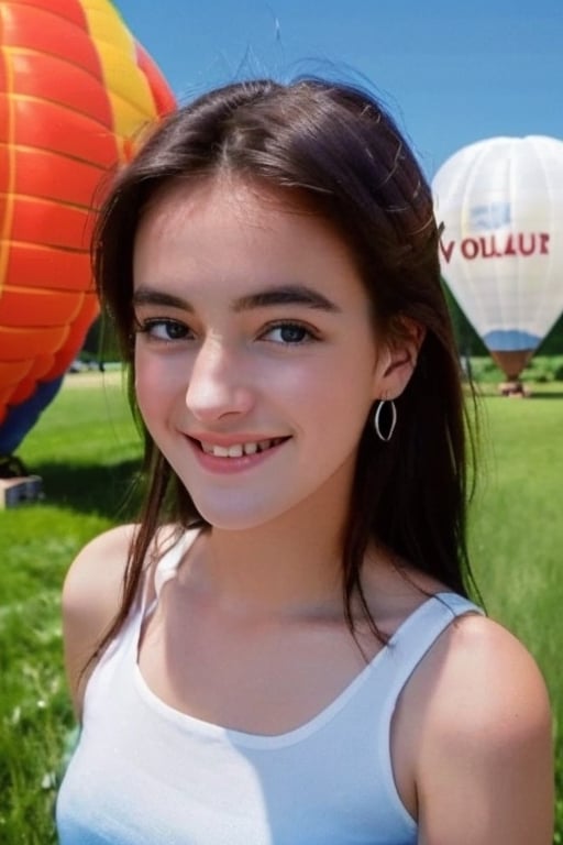 A beautiful girl, 18-year old European girl walking on grass field, ((hot air balloons are all over the blue sky)), long brunette hair, super cute, seductive smile, perfect body, wearing a (sleeveless white top), (denim shorts), detailed beautiful face and eyes, natural skin texture, detailed skin texture, skin fuzz, vibrant colours, cinematic and beautiful, depth of field, best quality, soft lighting, full-body shot, facing the viewer, photography, 12K, photorealistic, ultrarealistic, hyper-detailed, symmetrical pale blue eyes,Realism