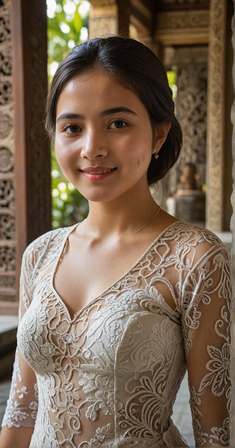 An 20 year old young woman confidently poses in a Balinese temple during the day with natural sunlight shining on her. she wears a Balinese kebaya that follows the curves of her body. The camera takes a picture of her from the front focusing on her clothes and her sweet smile and cute expressions. Her face and shirt became the center of attention.