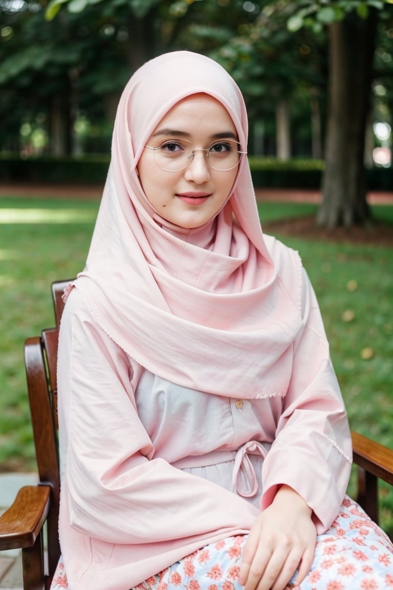 portrait of a beautiful girl, wearing a Islamic hijab, glassesrealistic, best quality, 4k, high resolution, masterpiece: 1.2, highly detailed, realistic: 1.37, flower garden background, sitting on a park chair, natural,dilraba,yoona,cewekcantik