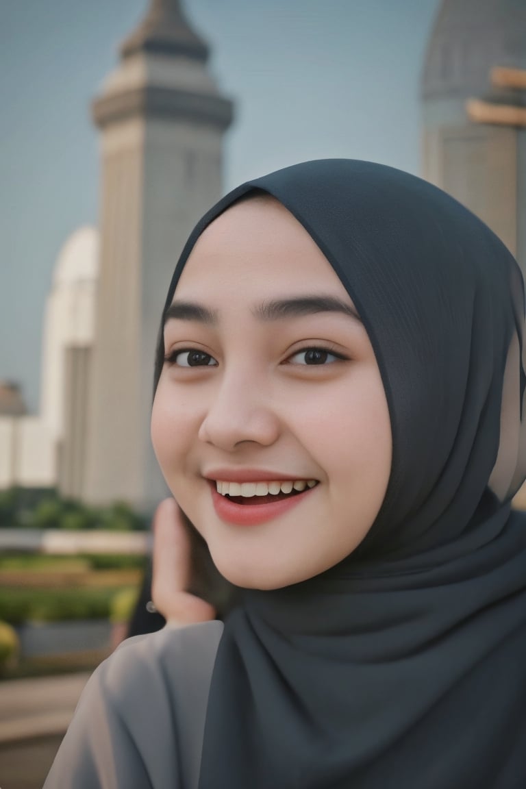 Take an interesting photo featuring (Lush Girlfriend) who is also a (Tax Collector), showing her warmth with (bright smile). She has (hijab covering all her hair) and (Indonesian Monas monument in the background). Make use of the (tilt-shift) technique to create a unique perspective, give it a (Horror) twist to add an interesting touch. Enhance the scene with (specular lighting) that produces shadows that enhance the cinematic atmosphere. Take advantage of the (Samsung Galaxy) capability with aperture (F/5) to achieve the perfect blend of focus and bokeh. Create (cinematic still in 1.2) with (film grain) for a touch of nostalgia and introduce (freedom-loving grain) for added charm. Aiming for professional quality (35mm photos) while ensuring (highly detailed) images in (4K resolution), resulting in depictions that are visually appealing and emotionally resonant.,vanessh4,tit1,Aureli6,cwkntik24,kimyojung,High detail,Maudyaunda,cwknt1k, syifa4, syif4hadju, m4udy, hij4b, cwkhijab,koreangirl,syifa4