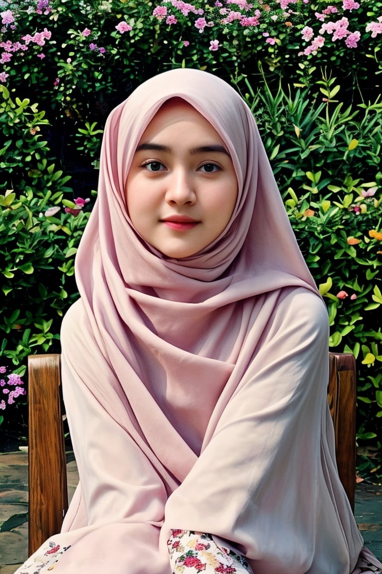 portrait of a beautiful girl, wearing a Islamic hijab, glassesrealistic, best quality, 4k, high resolution, masterpiece: 1.2, highly detailed, realistic: 1.37, flower garden background, sitting on a park chair, natural,dilraba,yoona,cewekcantik