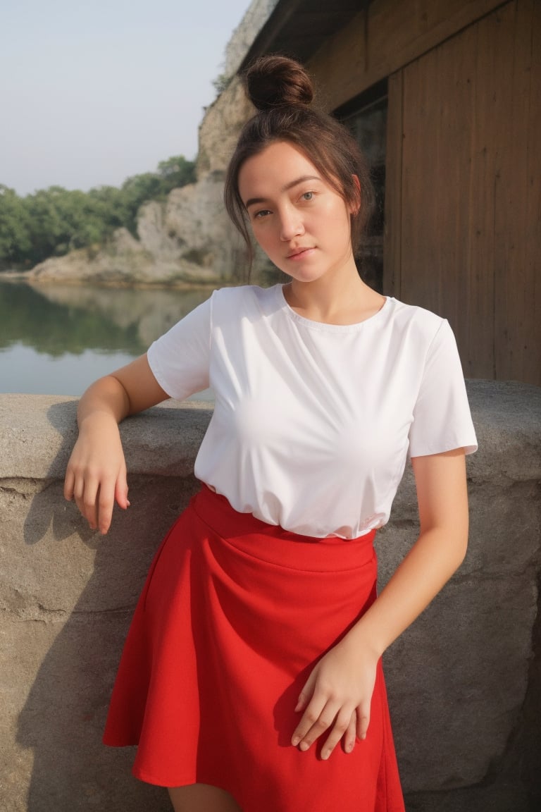 A sassy cowgirl stares directly at the viewer with a hint of mischief in her piercing gaze, her bright blue eyes sparkling like the open sky behind her. Framed from the waist up, she's showcased in a bold red skirt that accentuates her curves, paired with a crisp white shirt tied at the waist, emphasizing her confident posture. Her high ponytail adds to her feisty demeanor as she poses with a playful tension between herself and the viewer, as if daring them to challenge her.,megandomani