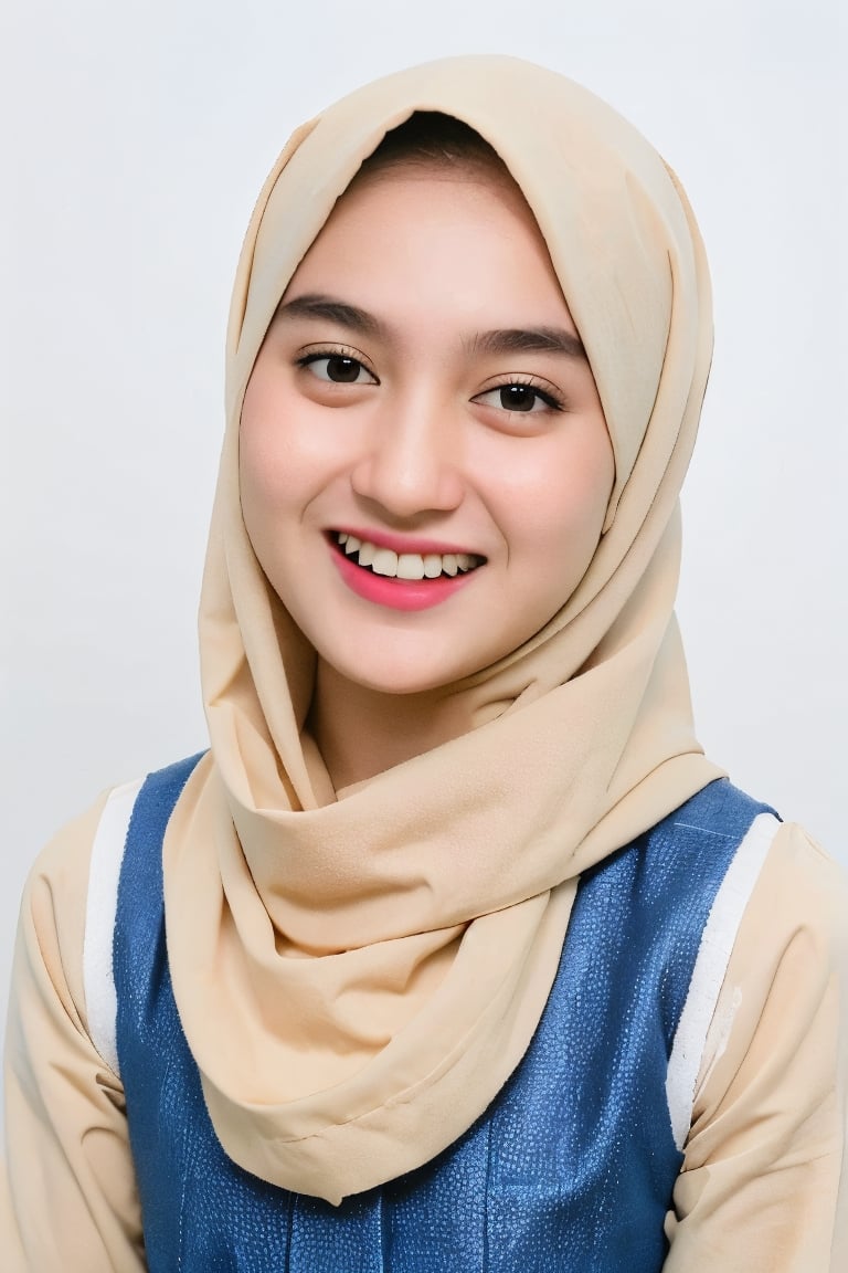 portrait of a beautiful 18 year old girl wearing casual clothes and white background, benefits of Samsung S3 Ultra photo features,hijab, High detailed ,sarahviloid,Masterpiece,crooked teeth,hij4b