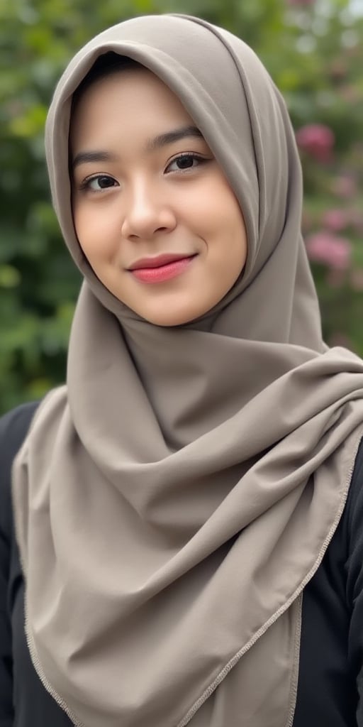 portrait of a beautiful girl, wearing an Islamic hijab, realistic, best quality, 4k, high resolution, work: 1.2, very detailed, realistic: 1.37, flower garden background, posing with confidence, natural,zee_jkt48