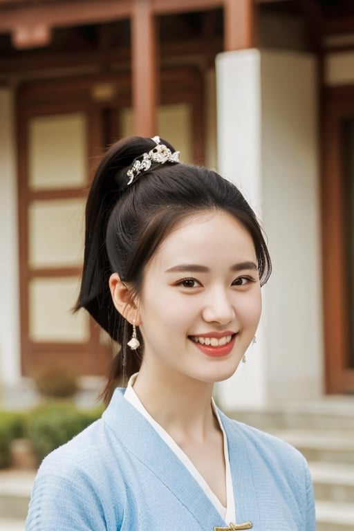 1girl, solo, looking at viewer, smile, black hair, hair ornament, upper body, ponytail, teeth, grin, black eyes, blurry background, chinese clothes, realistic