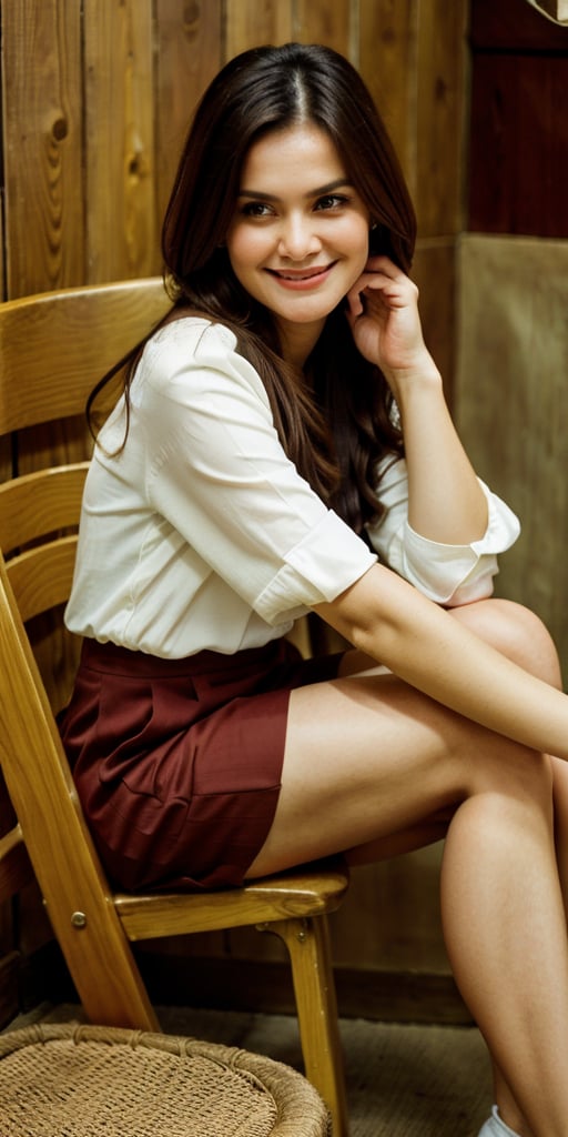 The image features a young womansitting on a chair, full of laughter, wearing a white blouse and a red skirt. She is posing for a portrait, and her expression is focused. The woman is sitting on a wooden chair, which adds a natural and rustic touch to the scene. The overall atmosphere of the picture is calm and intimate, with the woman's attire and the wooden chair creating a warm and inviting ambiance.