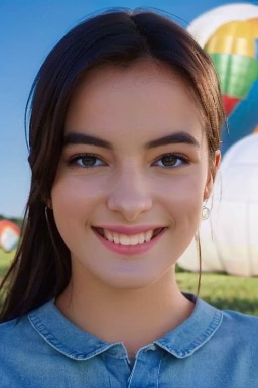 A beautiful girl, 18-year old European girl walking on grass field, ((hot air balloons are all over the blue sky)), long brunette hair, super cute, seductive smile, perfect body, wearing a (sleeveless white top), (denim shorts), detailed beautiful face and eyes, natural skin texture, detailed skin texture, skin fuzz, vibrant colours, cinematic and beautiful, depth of field, best quality, soft lighting, full-body shot, facing the viewer, photography, 12K, photorealistic, ultrarealistic, hyper-detailed, symmetrical pale blue eyes,Realism