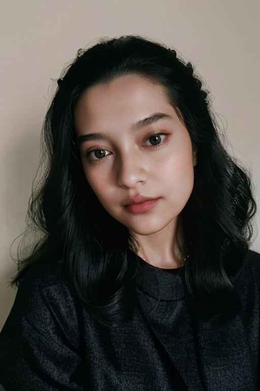 A detailed portrait of a young woman exuding elegance and natural grace. She has a voluminous updo hairstyle with wisps of hair tenderly framing her face. Her hazel eyes are accentuated by tasteful makeup, with a few light freckles across her nose and cheeks. She wears a high-necked black top, suggesting a blend of casual refinement. The lighting should illuminate her face against a subdued background, emphasizing her calm and confident expression. High Fashion, dynamic, dramatic, elegant, High fashion Vogue cover Dramatic photography, supermodel, avant garde style,Salshabilla,est4,Maudyaunda,cntk