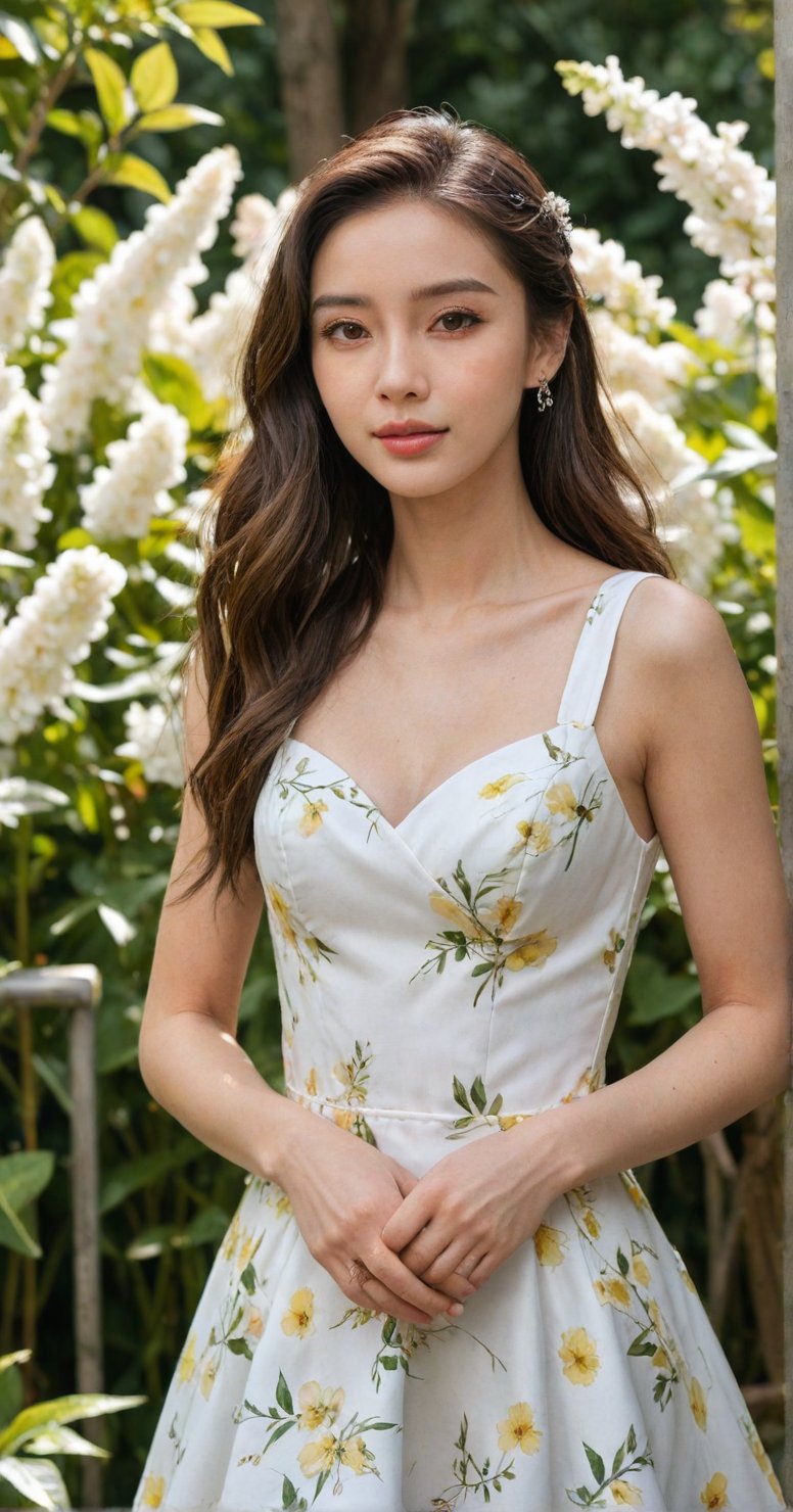 a 21 year old young woman posing confidently in a flower garden. She wore a white sleeveless dress that followed her curves. The camera photographed him from the front, back and side with clear lighting on his face. her beautiful dress and beautiful face became the center of attention.,freya,Angelababy