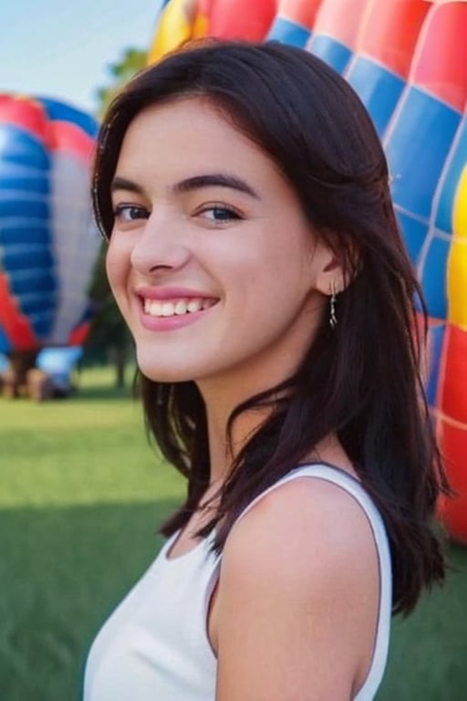 A beautiful girl, 18-year old European girl walking on grass field, ((hot air balloons are all over the blue sky)), long brunette hair, super cute, seductive smile, perfect body, wearing a (sleeveless white top), (denim shorts), detailed beautiful face and eyes, natural skin texture, detailed skin texture, skin fuzz, vibrant colours, cinematic and beautiful, depth of field, best quality, soft lighting, full-body shot, facing the viewer, photography, 12K, photorealistic, ultrarealistic, hyper-detailed, symmetrical pale blue eyes,Realism