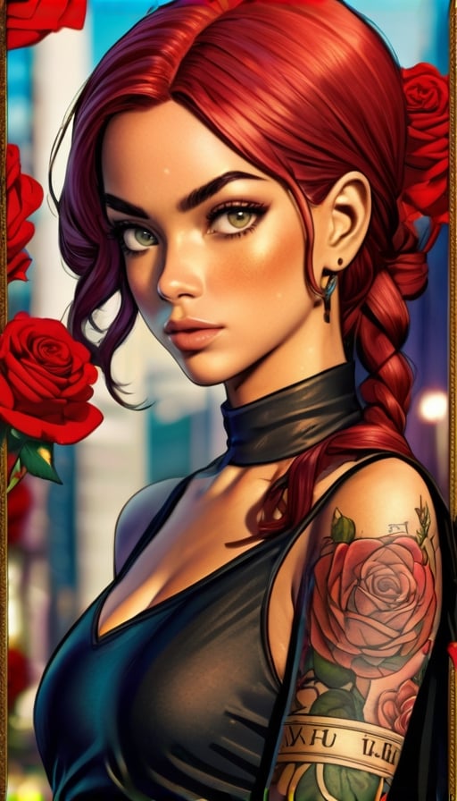 Tarot card, Close up face shot of a beautiful woman looking at the camera, (((card title surrounded by roses at the bottom))), tarot card frame, tatoos, lots of tatoos, rose tatoos, red hair, (((black skin))), (((survivor clothes))), extremely beautiful face, model face, divine beauty, post apocalyptic city, Ultra realistic photo of a post apocalyptic city in the background, masterpiece, best quality, CG, wallpaper, HDR, high quality, high-definition, extremely detailed, (detailed light){{intricate detail}}, {highres}, beautiful light, red light, chiaroscuro, anime style, key visual, intricate detail, highly detailed, breathtaking, vibrant, cinematic, detailed background, (((extremely red hue))) --auto --s2