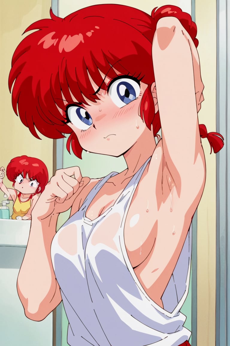 score_9, score_8_up, score_7_up, 90s anime, anime_screencap, Takahashi Rumiko style, bathroom, ranma, 1girl, medium breast, red hair, makeup, red eyeshadow,tiny braid, big eyes, tank shirt, pokies, sweat, raise one hand, sideboob, armpit, looking at viewer,shy,angry, flat color,anime coloring