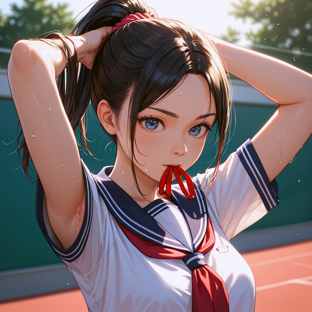 score_9,score_8_up, score_7_up, source_anime, masterpiece, detailed, BREAK, Hot summer day, afternoon, bright, colorful, in a Japanese school, sports ground, 1girl(15-year-old, Japanese, side parted bangs, student, school uniform, short sleeve) arms up, hands behind head, tying hair(ponytail), holding a hair elastic in mouth, bokeh, depth of field. close up. cinematic lighting, colorful, sweating, sunshine, real light and shadow, lighting, KA, dramatic angle, armpit