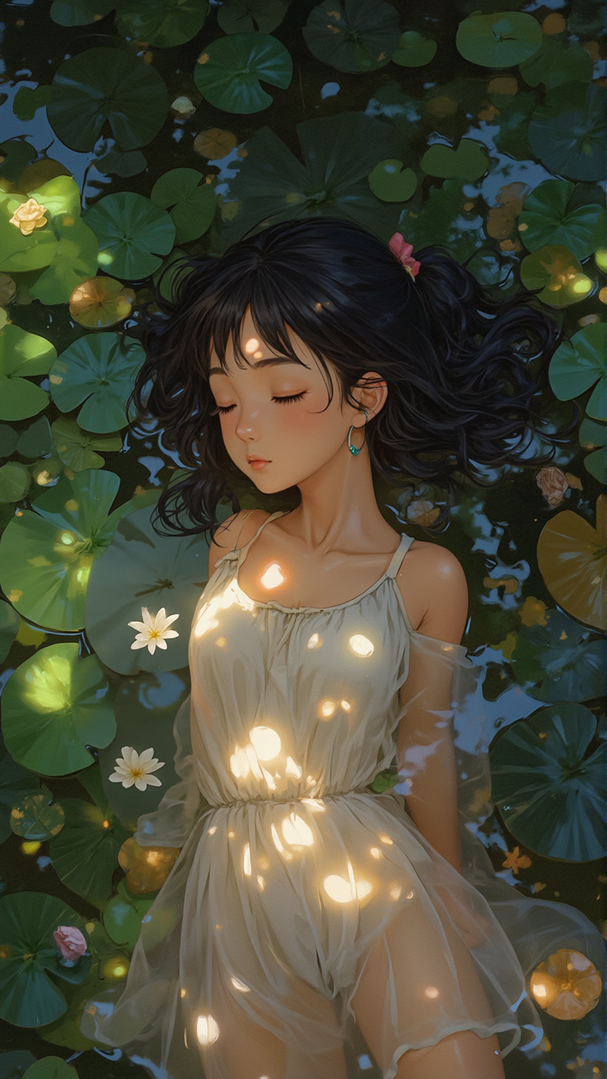 oil painting illustration, Raphael style, anime style, detailed, 3D render. A 12-year-old Chinese girl (loli, black hair, ancient hair style, wear camisole Tulle short dress, soaked cloth), The girl is asleep in the water lily pond, wet. Real light and shadow, depth of field.