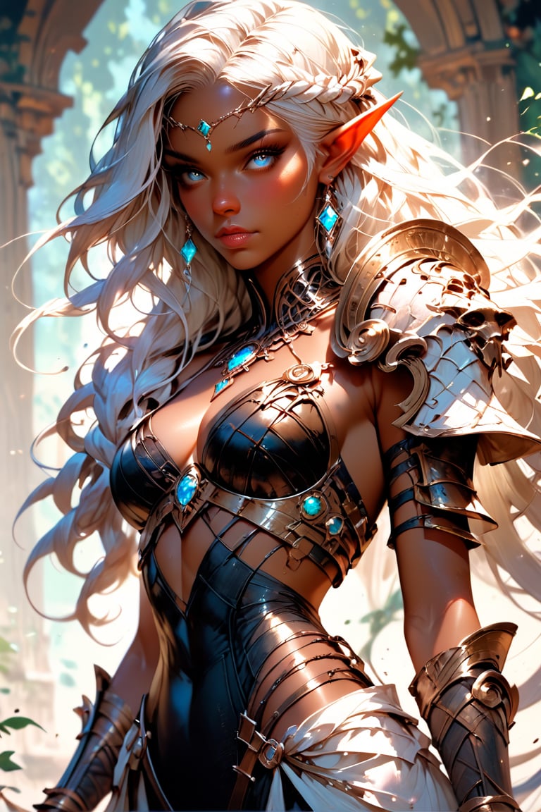 score_9,score_8_up,score_7_up, 1girl, a beautiful dark elf (bronze skin, white long hair, sharp eyes, black leotard armor) standing, holding a bow, turning her head to look at the viewer. delicate light and shadow.