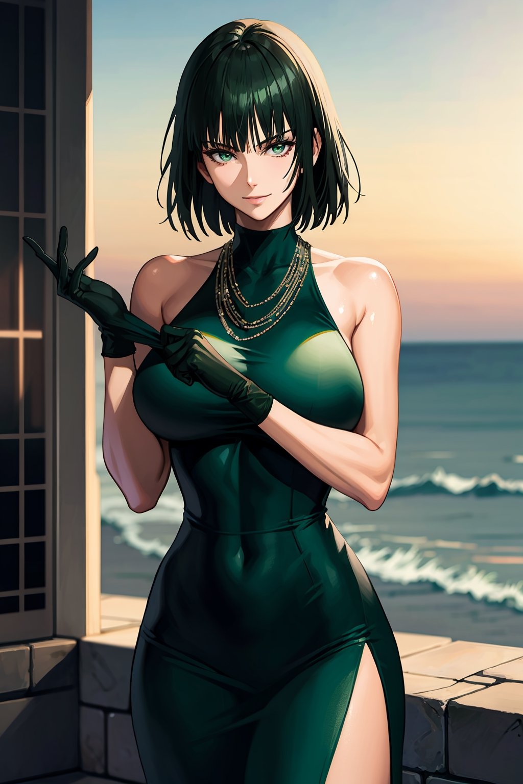 CG, fubuki(one punch man), (adjusting gloves), 1girl, solo, green eyes, black hair, necklace, pearl_necklace, dress, turtleneck dress, short hair, gloves,looking at viewer, green dress, black dress, side slit, green eyes, sleeveless, black gloves, bangs, large breasts, bare shoulders, standing, seductive smile, outdoors, shiny dress,fubuki(one punch man),adjusting gloves