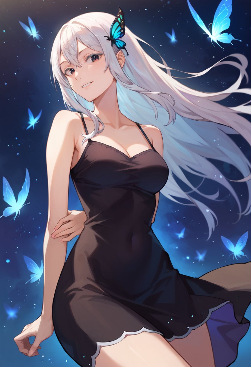 score_9, score_8_up, score_7_up, source_anime, 1girl, mature female, slender girl, solo, echidna, white hair, outdoors, smile, looking at viewer, hair ornament, black dress, sleeveless, magic, spaghetti straps, arms behind back, short dress, enchanting forrest, dark forrest, blue fireflies, blue particles, glowing particles, looking to the side, detailed background, night, at night