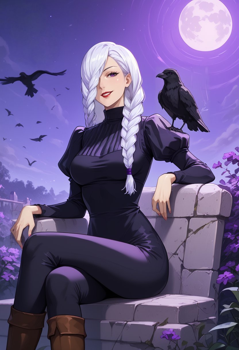  score_9, score_8_up, score_7_up, score_6_up, 1girl, modeling pose, solo, mature female, mei mei, long hair, braid, hair over one eye, braided ponytail, one eye covered, braided bangs, purple eye, white hair, (a crow on shoulder), petting, purple theme, black dress, breasts, puffy and juliet sleeves, long sleeves, abstract, ,st4t1ctv, smile, parted lips, red lips, outdoors, dress, detailed background, seductive smile, puffy sleeves, neolight, looking at veiwer, shiny, night time, at night, sitting, full body, brown boots, stone chair, crossed legs, veins, haunted, black pants,