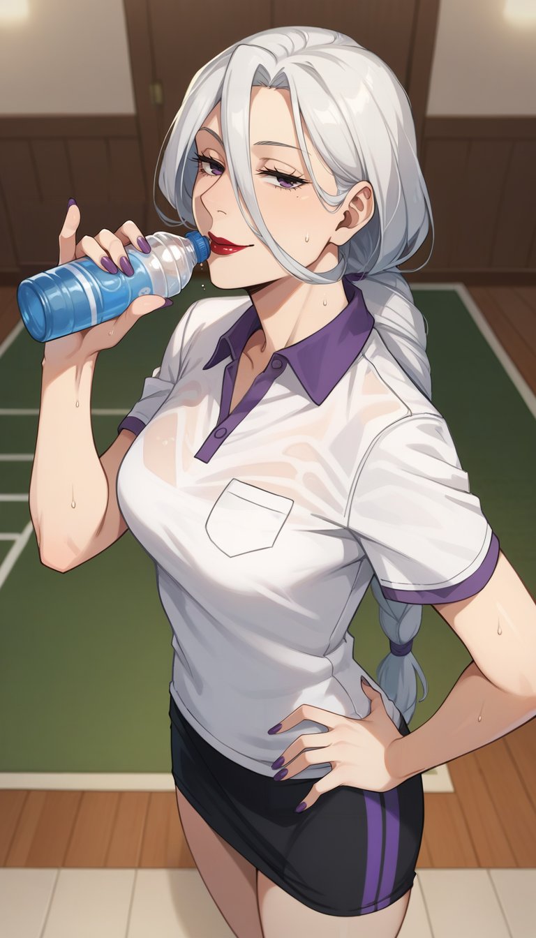  score_9, score_8_up, score_7_up, score_6_up, BREAK from angle, 1girl, drinking, dring water, water bottle, slim, mature female, solo, ChopioMeiMei, long hair, purple nails, white hair, braided ponytail, long bangs, hair tie, purple eyes, hair between eyes, red lipstick, half-closed eyes, outfit_3, white shirt, polo shirt, short sleeves, black skirt, open collar, sweating, bokeh, hand on hip, miniskirt, indoors, thighs, eyeing at you, seductive smile