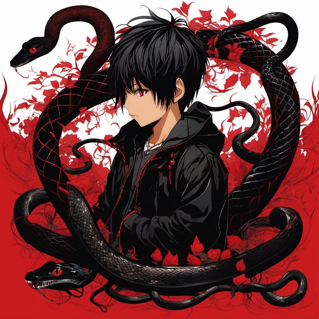 black silluette of 1 child and 2 snakes, menacing, evil, red simple plan background