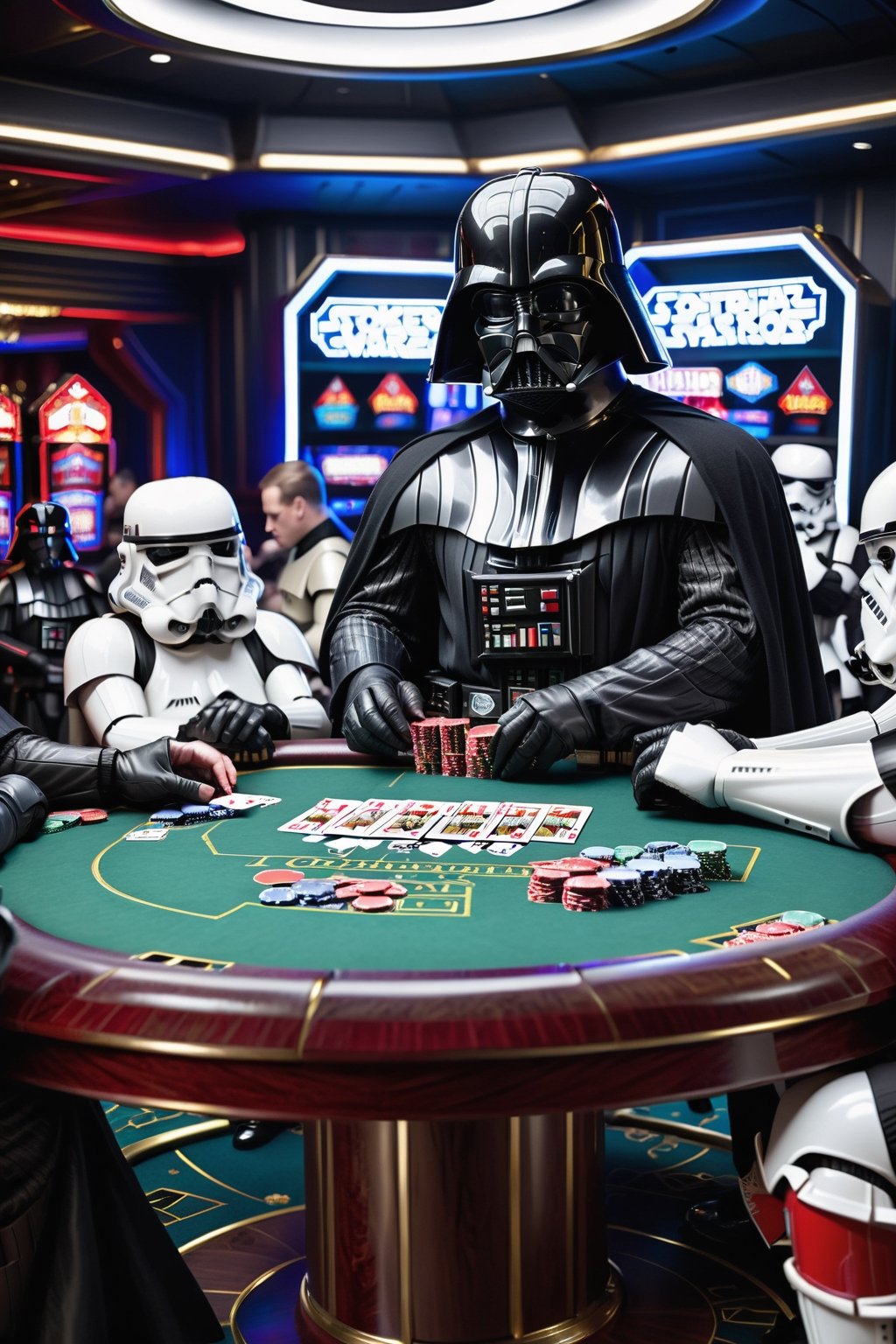 in the death star casino Darth Vader is sitting at a pokertable with Storm Troopers playing a highstakes poker game, holding bicycle_style playing_cards in hands, poker_chips, in the background imperial officers are gambling,more detail XL,Casino Background