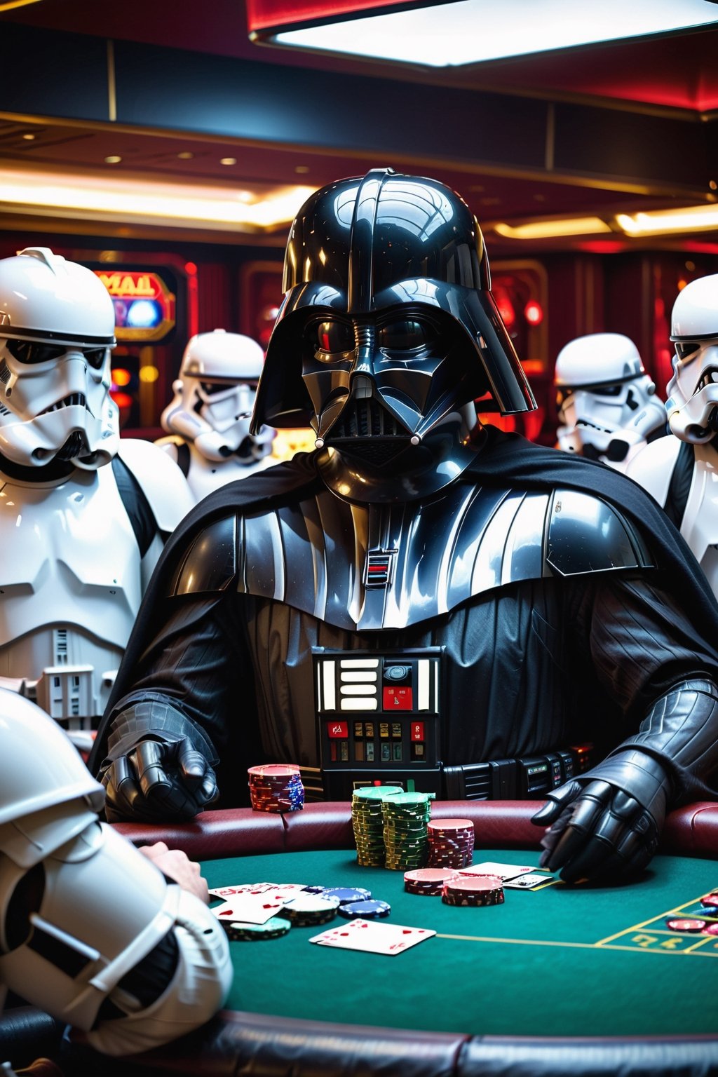 in the death star casino Darth Vader is sitting at a pokertable with Storm Troopers playing a highstakes poker game, holding bicycle_style playing_cards in hands, poker_chips, in the background imperial officers are gambling,more detail XL,Casino Background