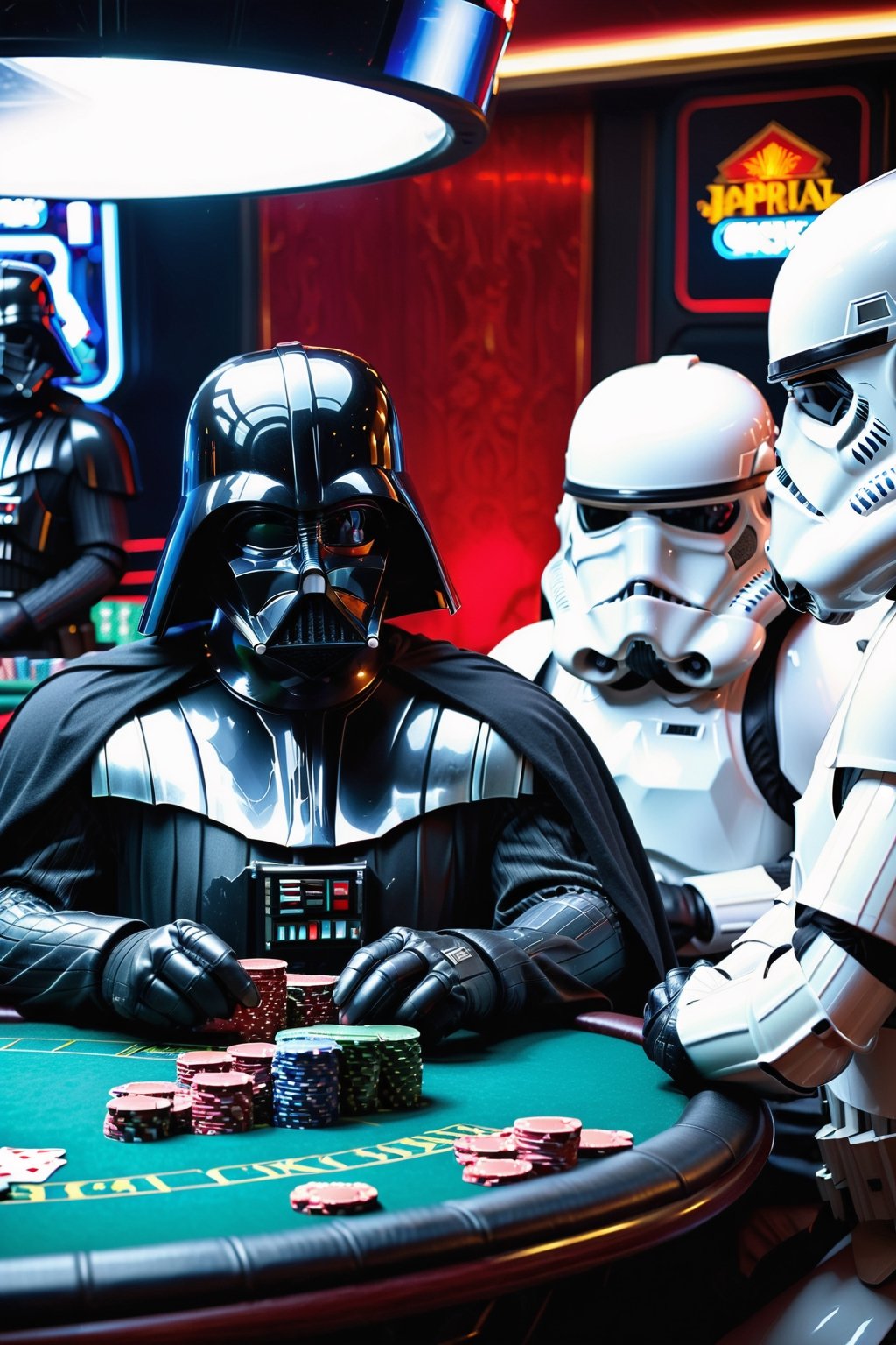 in the death star casino Darth Vader is sitting at a pokertable with Storm Troopers playing a highstakes poker game, holding bicycle_style playing_cards in hands, poker_chips, in the background imperial officers are gambling,more detail XL,Casino Background