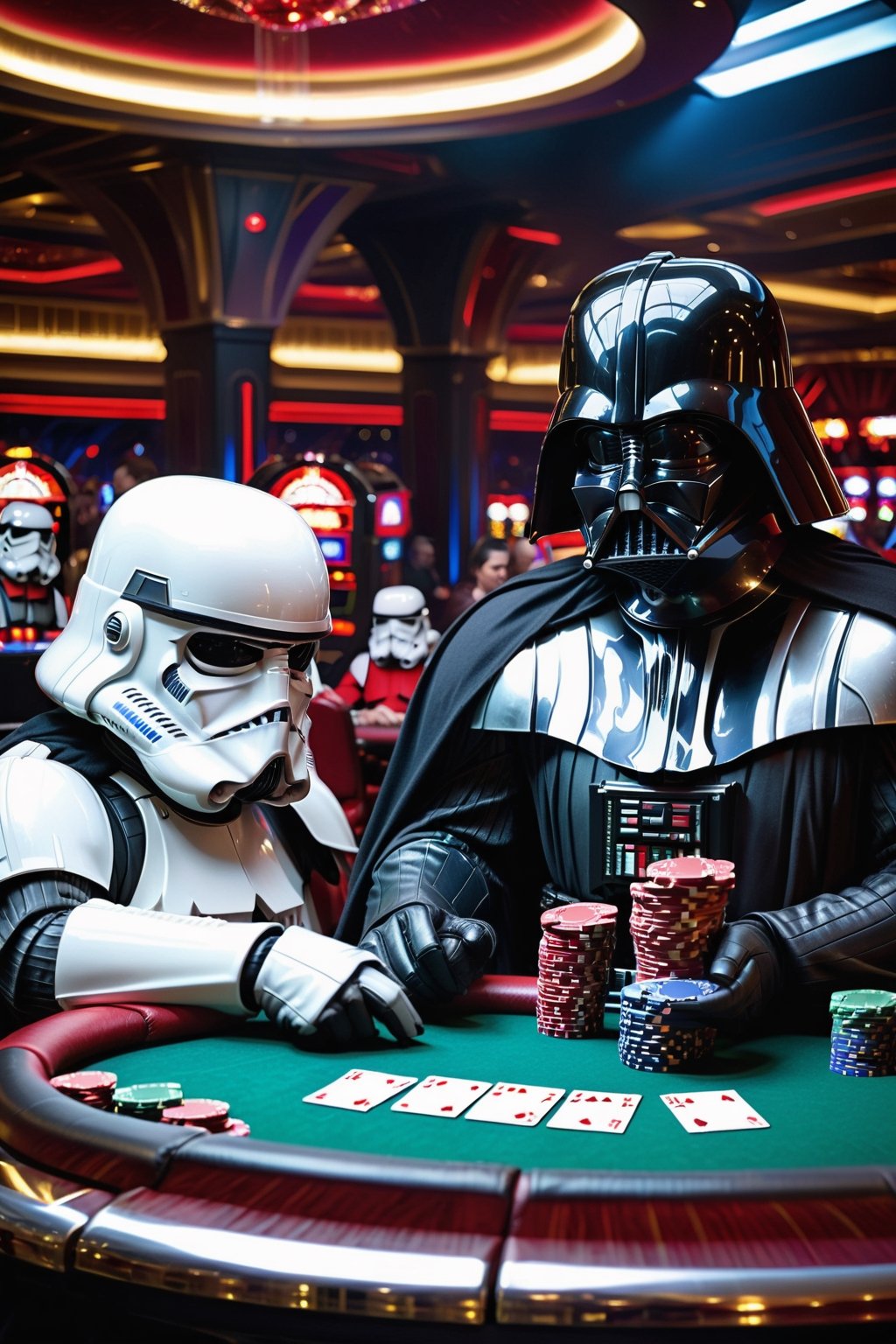 in the death star casino Darth Vader is sitting at a pokertable with Storm Troopers playing a highstakes poker game, holding bicycle_style playing_cards in hands, poker_chips, in the background imperial officers are gambling,more detail XL,Casino Background